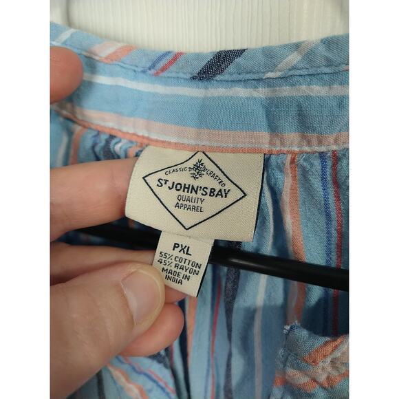 St Johns Bay Woman PXL Pullover Blouse V Neck Striped Blue Cap Sleeve Top - Picture 5 of 10